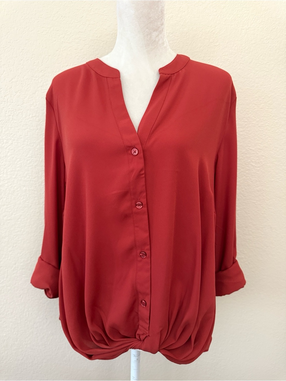 INC International Concepts Twist-Front Button-Up Blouse in Burnt Orange / Rust